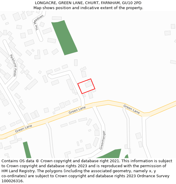 LONGACRE, GREEN LANE, CHURT, FARNHAM, GU10 2PD: Location map and indicative extent of plot