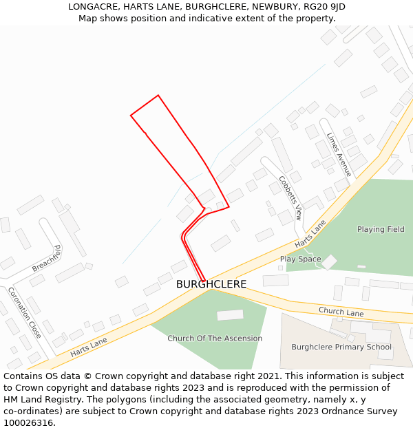 LONGACRE, HARTS LANE, BURGHCLERE, NEWBURY, RG20 9JD: Location map and indicative extent of plot