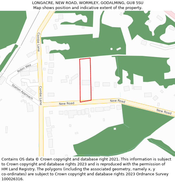 LONGACRE, NEW ROAD, WORMLEY, GODALMING, GU8 5SU: Location map and indicative extent of plot