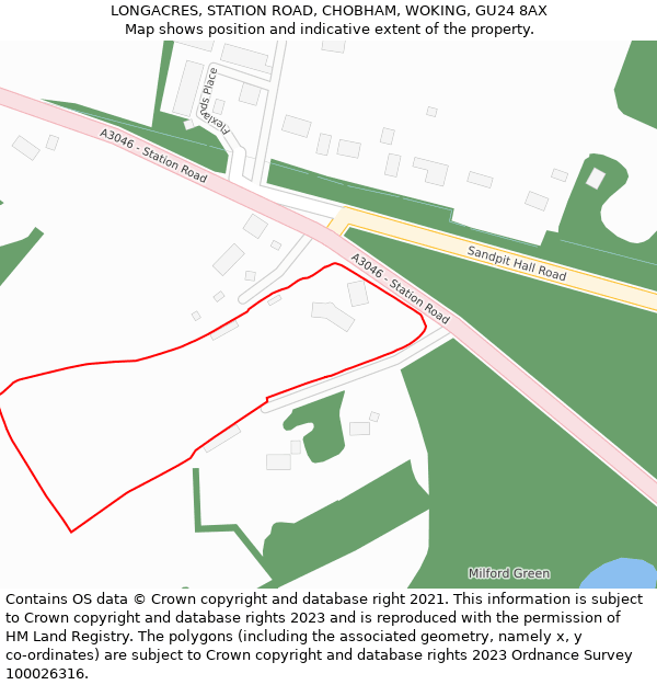 LONGACRES, STATION ROAD, CHOBHAM, WOKING, GU24 8AX: Location map and indicative extent of plot