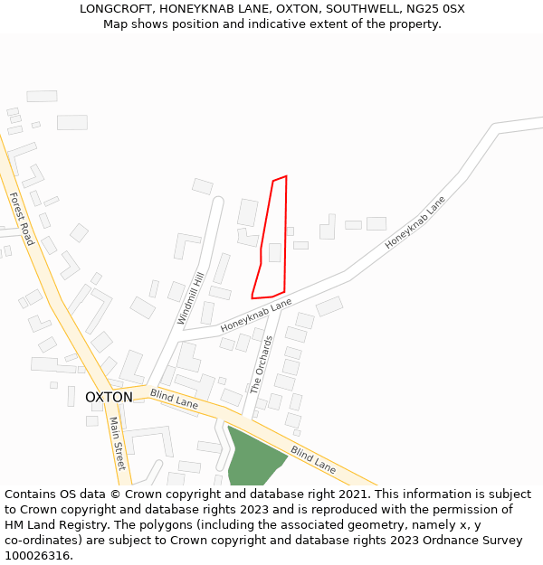 LONGCROFT, HONEYKNAB LANE, OXTON, SOUTHWELL, NG25 0SX: Location map and indicative extent of plot