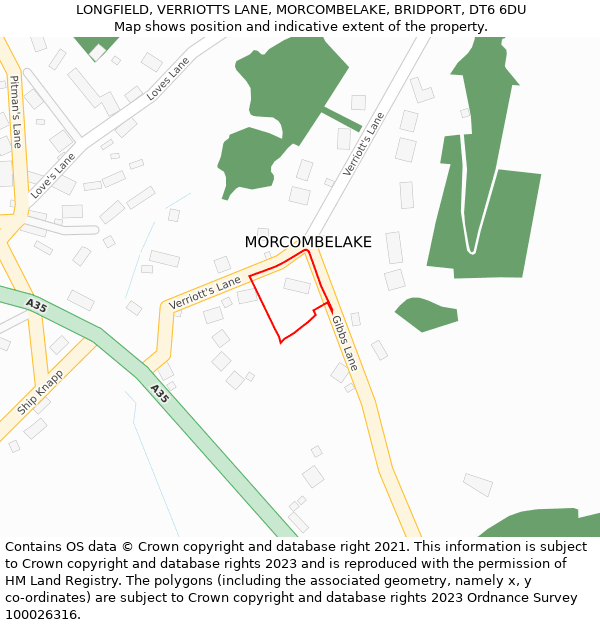 LONGFIELD, VERRIOTTS LANE, MORCOMBELAKE, BRIDPORT, DT6 6DU: Location map and indicative extent of plot