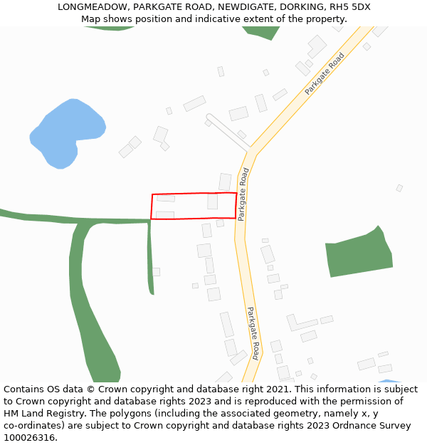 LONGMEADOW, PARKGATE ROAD, NEWDIGATE, DORKING, RH5 5DX: Location map and indicative extent of plot