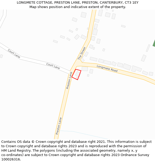 LONGMETE COTTAGE, PRESTON LANE, PRESTON, CANTERBURY, CT3 1EY: Location map and indicative extent of plot