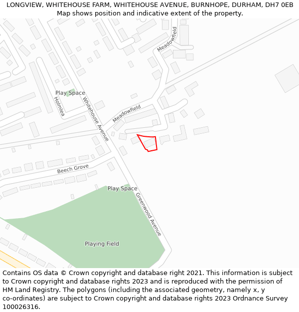 LONGVIEW, WHITEHOUSE FARM, WHITEHOUSE AVENUE, BURNHOPE, DURHAM, DH7 0EB: Location map and indicative extent of plot