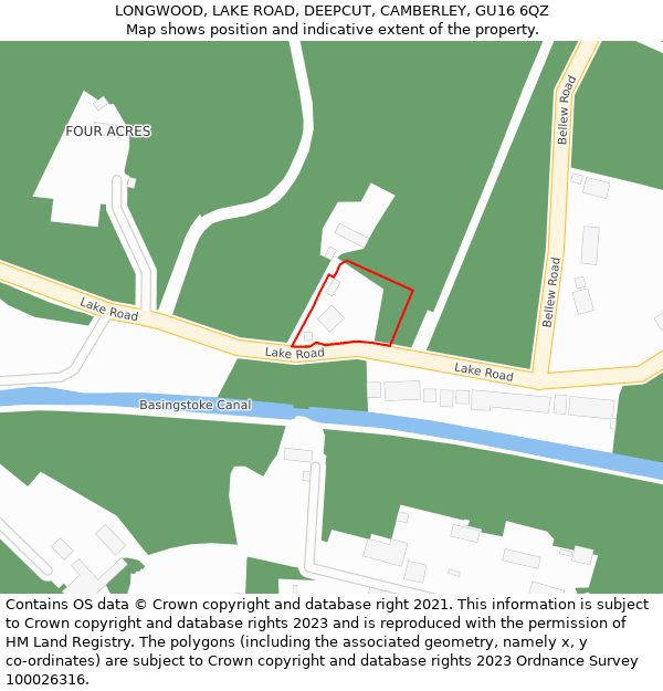 LONGWOOD, LAKE ROAD, DEEPCUT, CAMBERLEY, GU16 6QZ: Location map and indicative extent of plot