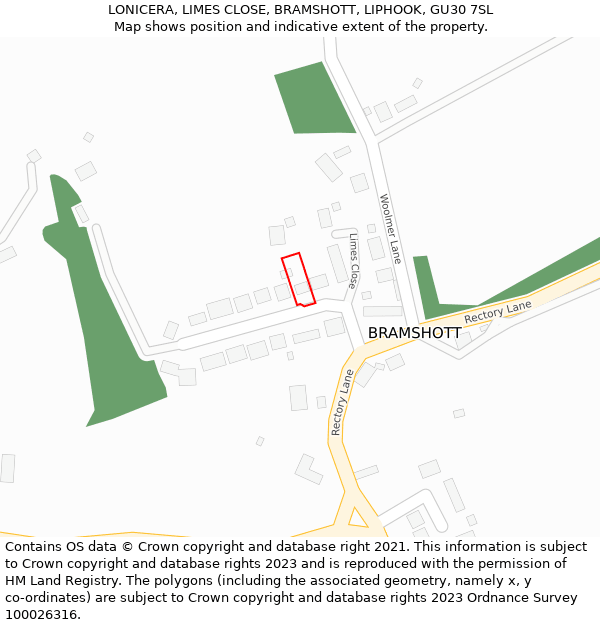 LONICERA, LIMES CLOSE, BRAMSHOTT, LIPHOOK, GU30 7SL: Location map and indicative extent of plot