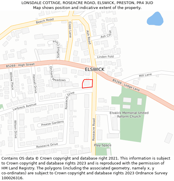 LONSDALE COTTAGE, ROSEACRE ROAD, ELSWICK, PRESTON, PR4 3UD: Location map and indicative extent of plot