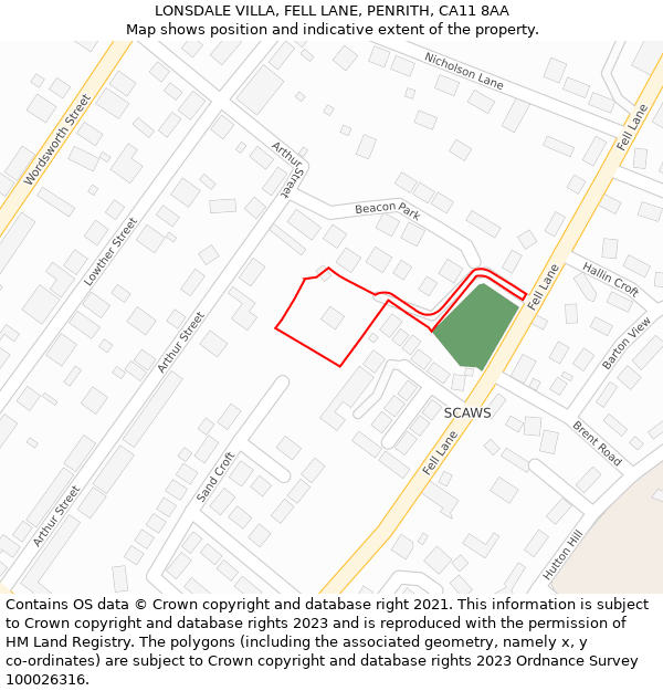 LONSDALE VILLA, FELL LANE, PENRITH, CA11 8AA: Location map and indicative extent of plot