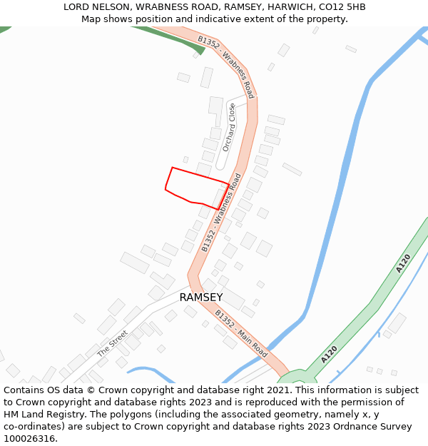 LORD NELSON, WRABNESS ROAD, RAMSEY, HARWICH, CO12 5HB: Location map and indicative extent of plot