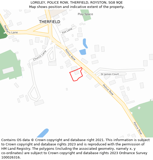 LORELEY, POLICE ROW, THERFIELD, ROYSTON, SG8 9QE: Location map and indicative extent of plot