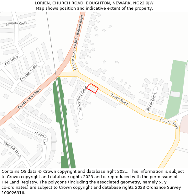 LORIEN, CHURCH ROAD, BOUGHTON, NEWARK, NG22 9JW: Location map and indicative extent of plot