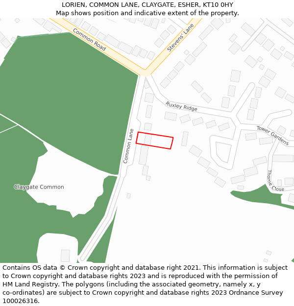 LORIEN, COMMON LANE, CLAYGATE, ESHER, KT10 0HY: Location map and indicative extent of plot