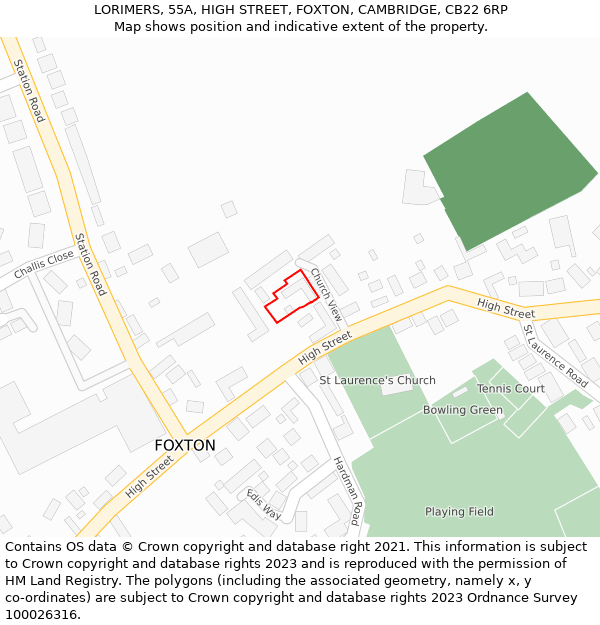 LORIMERS, 55A, HIGH STREET, FOXTON, CAMBRIDGE, CB22 6RP: Location map and indicative extent of plot