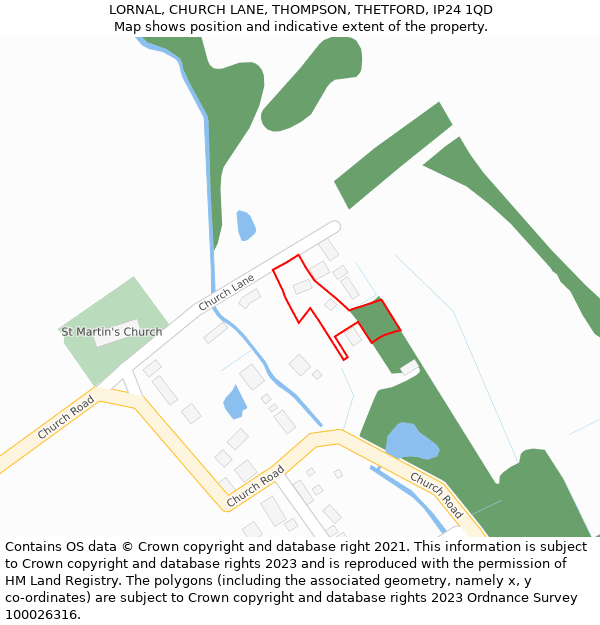 LORNAL, CHURCH LANE, THOMPSON, THETFORD, IP24 1QD: Location map and indicative extent of plot
