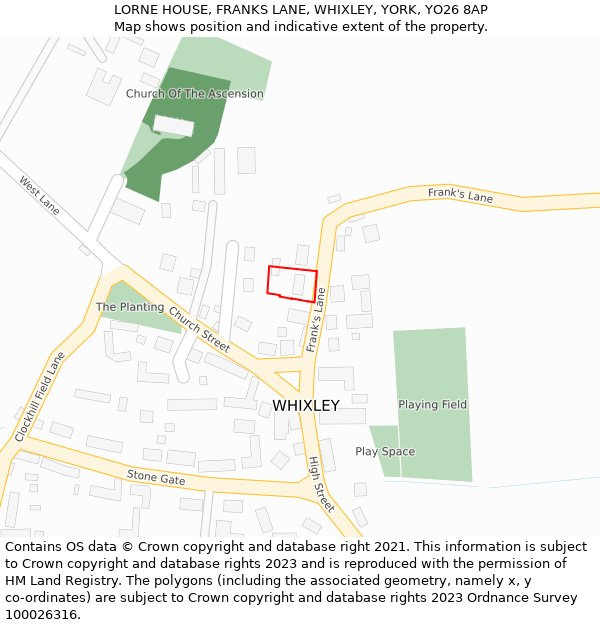 LORNE HOUSE, FRANKS LANE, WHIXLEY, YORK, YO26 8AP: Location map and indicative extent of plot