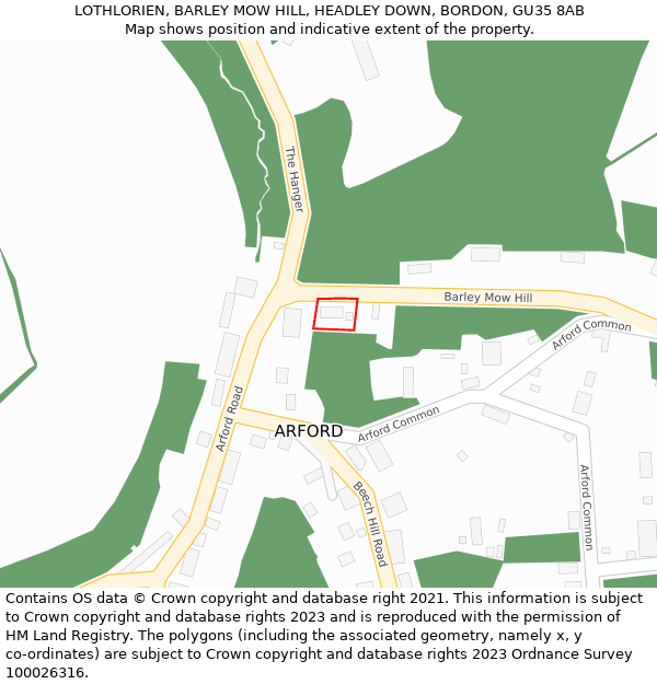 LOTHLORIEN, BARLEY MOW HILL, HEADLEY DOWN, BORDON, GU35 8AB: Location map and indicative extent of plot