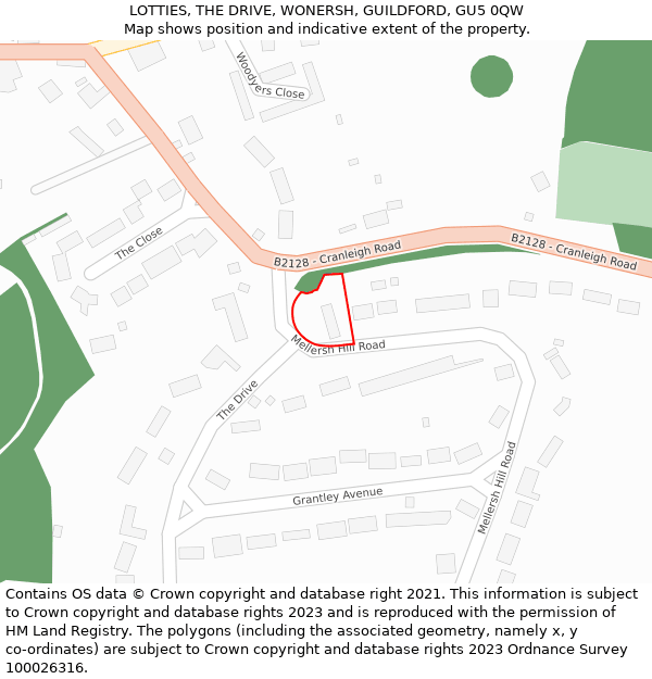 LOTTIES, THE DRIVE, WONERSH, GUILDFORD, GU5 0QW: Location map and indicative extent of plot