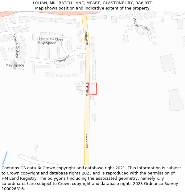 LOUAN, MILLBATCH LANE, MEARE, GLASTONBURY, BA6 9TD: Location map and indicative extent of plot