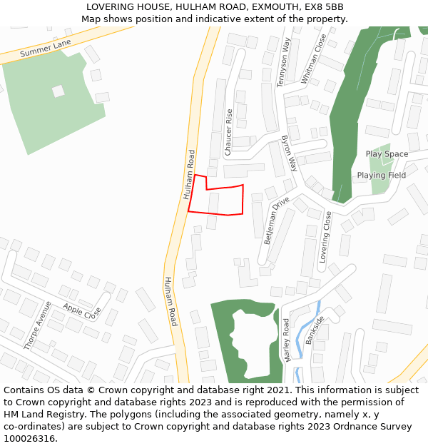 LOVERING HOUSE, HULHAM ROAD, EXMOUTH, EX8 5BB: Location map and indicative extent of plot