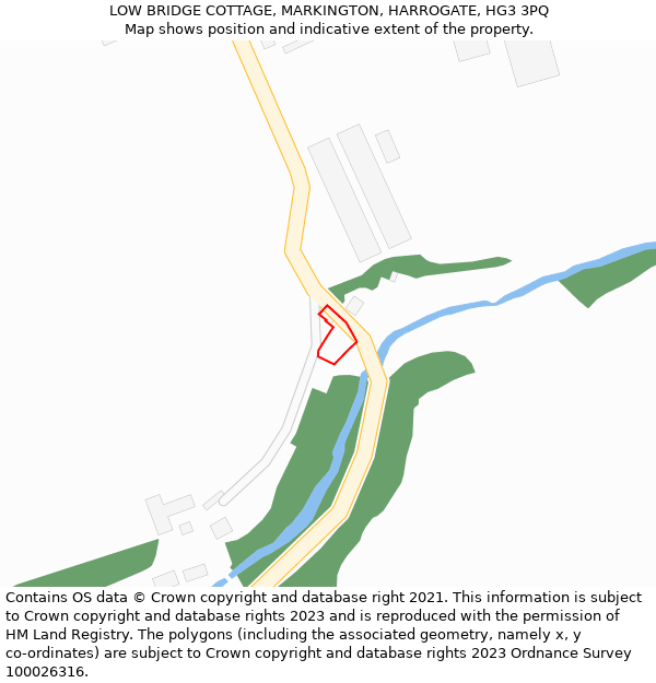 LOW BRIDGE COTTAGE, MARKINGTON, HARROGATE, HG3 3PQ: Location map and indicative extent of plot