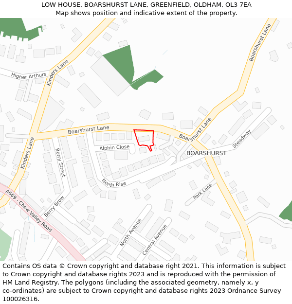 LOW HOUSE, BOARSHURST LANE, GREENFIELD, OLDHAM, OL3 7EA: Location map and indicative extent of plot