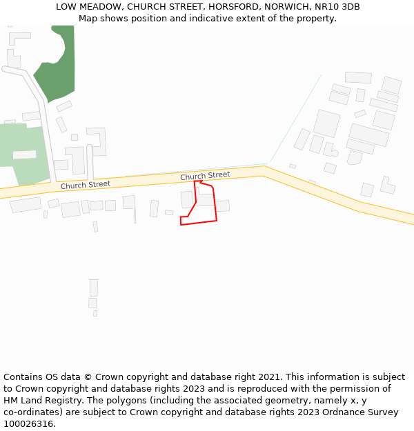 LOW MEADOW, CHURCH STREET, HORSFORD, NORWICH, NR10 3DB: Location map and indicative extent of plot