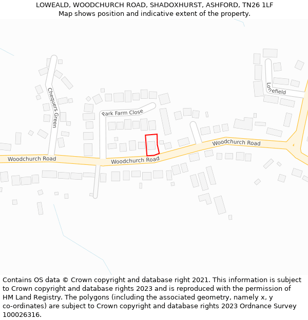 LOWEALD, WOODCHURCH ROAD, SHADOXHURST, ASHFORD, TN26 1LF: Location map and indicative extent of plot