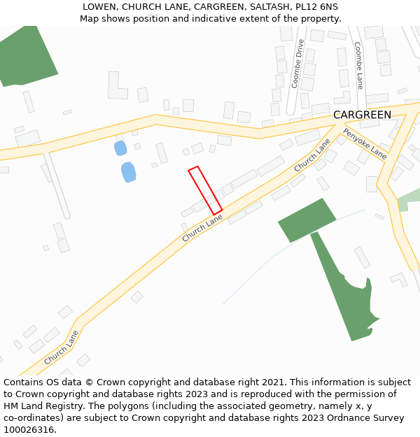 LOWEN, CHURCH LANE, CARGREEN, SALTASH, PL12 6NS: Location map and indicative extent of plot