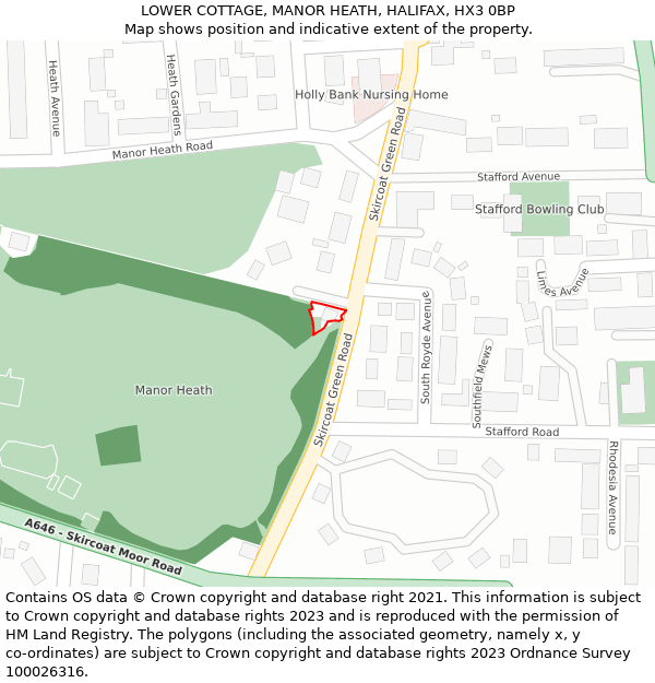 LOWER COTTAGE, MANOR HEATH, HALIFAX, HX3 0BP: Location map and indicative extent of plot