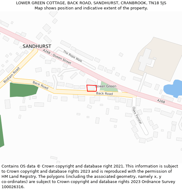 LOWER GREEN COTTAGE, BACK ROAD, SANDHURST, CRANBROOK, TN18 5JS: Location map and indicative extent of plot