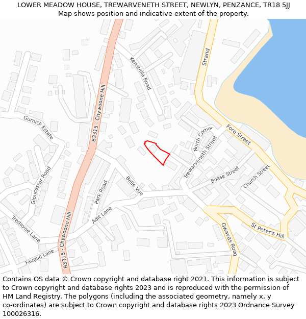 LOWER MEADOW HOUSE, TREWARVENETH STREET, NEWLYN, PENZANCE, TR18 5JJ: Location map and indicative extent of plot