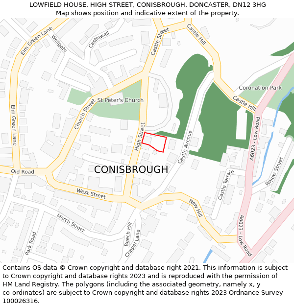 LOWFIELD HOUSE, HIGH STREET, CONISBROUGH, DONCASTER, DN12 3HG: Location map and indicative extent of plot
