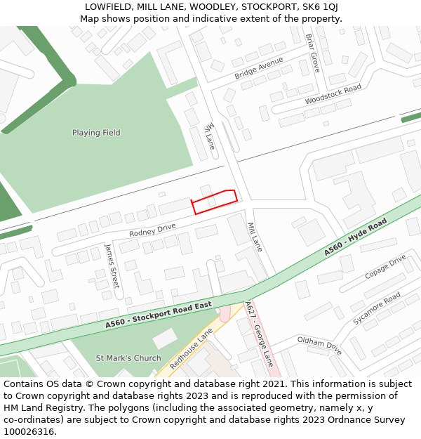 LOWFIELD, MILL LANE, WOODLEY, STOCKPORT, SK6 1QJ: Location map and indicative extent of plot