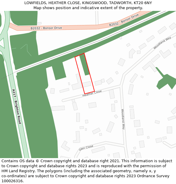 LOWFIELDS, HEATHER CLOSE, KINGSWOOD, TADWORTH, KT20 6NY: Location map and indicative extent of plot