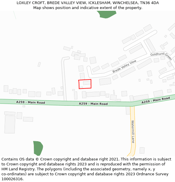 LOXLEY CROFT, BREDE VALLEY VIEW, ICKLESHAM, WINCHELSEA, TN36 4DA: Location map and indicative extent of plot