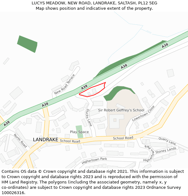 LUCYS MEADOW, NEW ROAD, LANDRAKE, SALTASH, PL12 5EG: Location map and indicative extent of plot