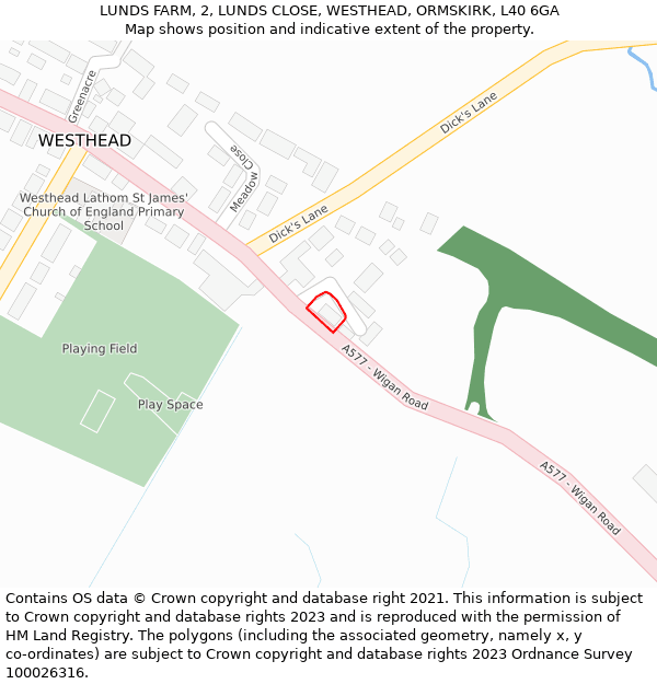 LUNDS FARM, 2, LUNDS CLOSE, WESTHEAD, ORMSKIRK, L40 6GA: Location map and indicative extent of plot