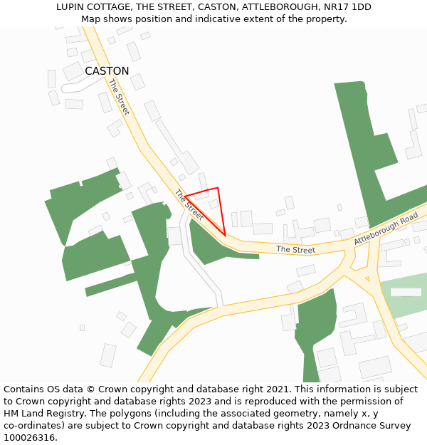 LUPIN COTTAGE, THE STREET, CASTON, ATTLEBOROUGH, NR17 1DD: Location map and indicative extent of plot