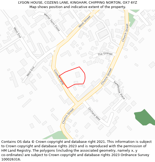 LYGON HOUSE, COZENS LANE, KINGHAM, CHIPPING NORTON, OX7 6YZ: Location map and indicative extent of plot