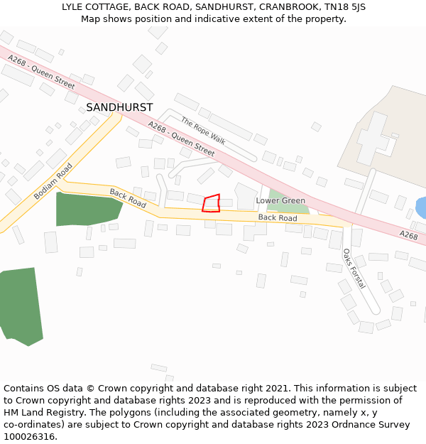 LYLE COTTAGE, BACK ROAD, SANDHURST, CRANBROOK, TN18 5JS: Location map and indicative extent of plot