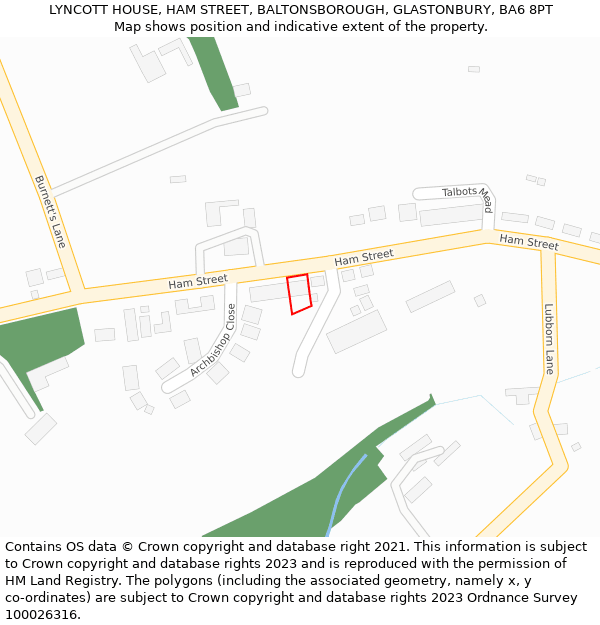 LYNCOTT HOUSE, HAM STREET, BALTONSBOROUGH, GLASTONBURY, BA6 8PT: Location map and indicative extent of plot