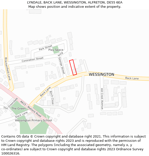 LYNDALE, BACK LANE, WESSINGTON, ALFRETON, DE55 6EA: Location map and indicative extent of plot