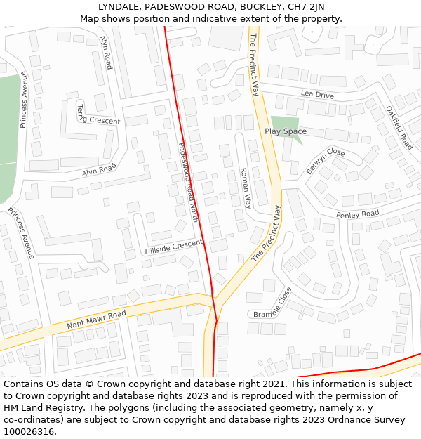 LYNDALE, PADESWOOD ROAD, BUCKLEY, CH7 2JN: Location map and indicative extent of plot