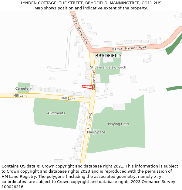 LYNDEN COTTAGE, THE STREET, BRADFIELD, MANNINGTREE, CO11 2US: Location map and indicative extent of plot