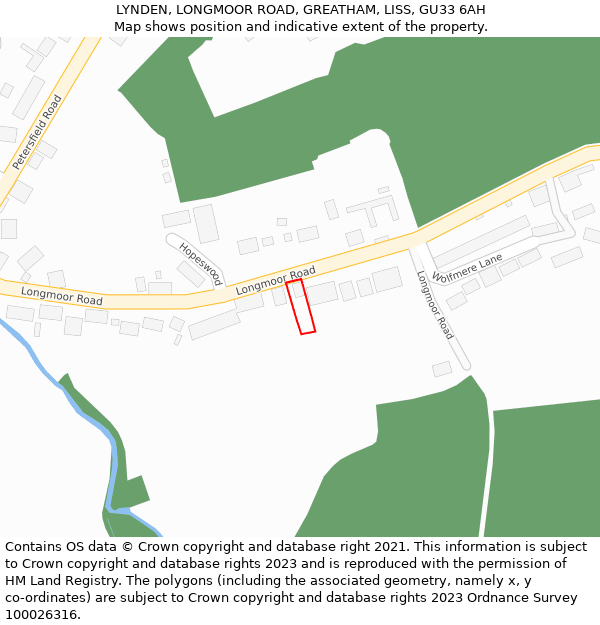 LYNDEN, LONGMOOR ROAD, GREATHAM, LISS, GU33 6AH: Location map and indicative extent of plot