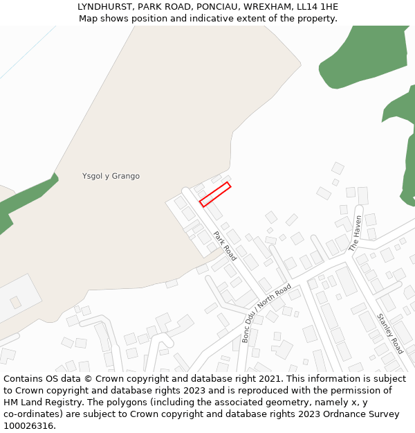 LYNDHURST, PARK ROAD, PONCIAU, WREXHAM, LL14 1HE: Location map and indicative extent of plot