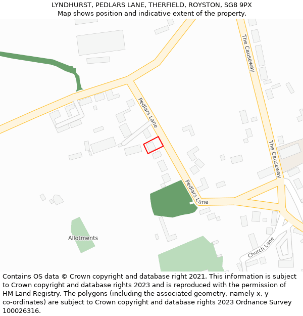 LYNDHURST, PEDLARS LANE, THERFIELD, ROYSTON, SG8 9PX: Location map and indicative extent of plot