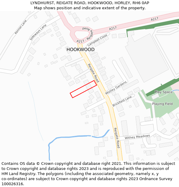 LYNDHURST, REIGATE ROAD, HOOKWOOD, HORLEY, RH6 0AP: Location map and indicative extent of plot