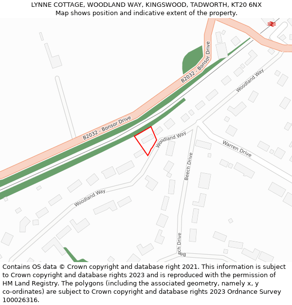 LYNNE COTTAGE, WOODLAND WAY, KINGSWOOD, TADWORTH, KT20 6NX: Location map and indicative extent of plot